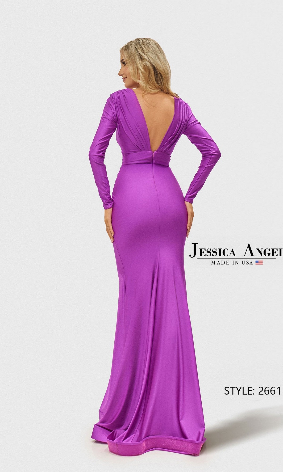 A woman faces away in the Long Prom Dress: Jessica Angel 2661, a floor-length gown featuring long sleeves, stretch jersey fabric, and a deep V-back.